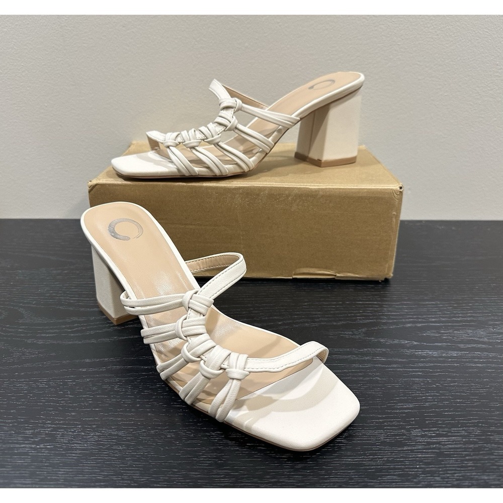 Journee Collection Women 7.5 Ivory Emory Strappy Block Heel Square Toe Sandal NW